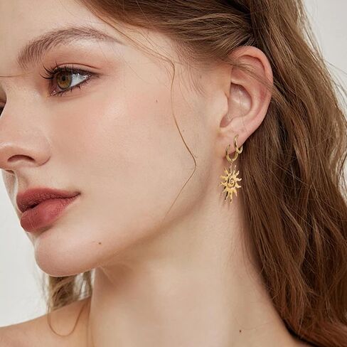 Chunky Gold Sun Leaf Huggie Dangle Earrings for Women, Trendy Lightweight Statement Hypoallergenic Roman Pattern Jewelry Prom Holiday Gift in Kuwait