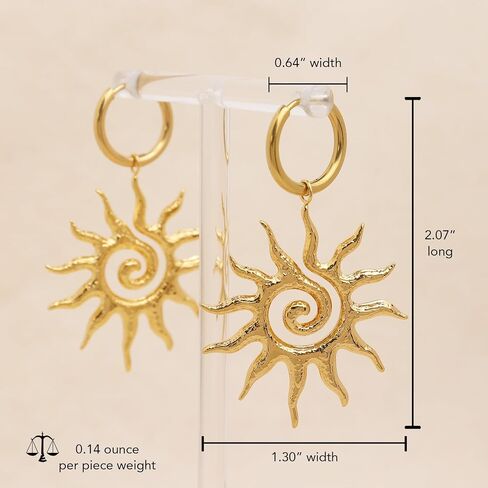 Chunky Gold Sun Leaf Huggie Dangle Earrings for Women, Trendy Lightweight Statement Hypoallergenic Roman Pattern Jewelry Prom Holiday Gift in Kuwait