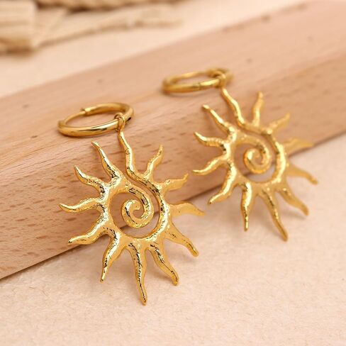 Chunky Gold Sun Leaf Huggie Dangle Earrings for Women, Trendy Lightweight Statement Hypoallergenic Roman Pattern Jewelry Prom Holiday Gift in Kuwait