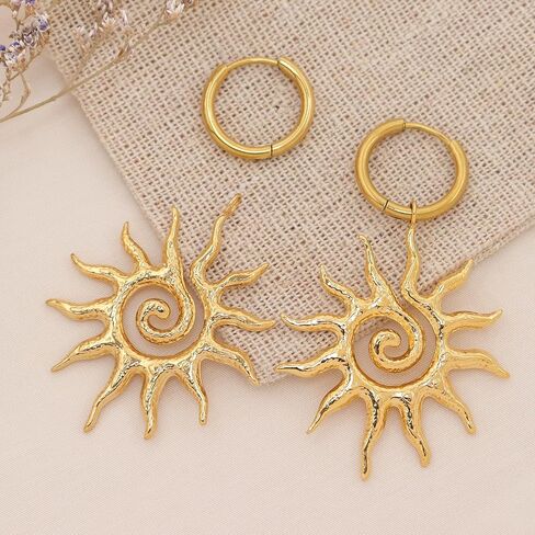 Chunky Gold Sun Leaf Huggie Dangle Earrings for Women, Trendy Lightweight Statement Hypoallergenic Roman Pattern Jewelry Prom Holiday Gift in Kuwait