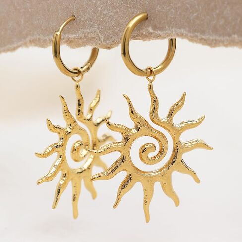 Chunky Gold Sun Leaf Huggie Dangle Earrings for Women, Trendy Lightweight Statement Hypoallergenic Roman Pattern Jewelry Prom Holiday Gift in Kuwait