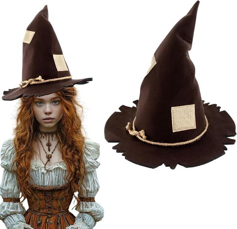 Halloween Scarecrow Patch Witch Hat Brown Scarecrow Wizard Hat for Women Halloween Party Cosplay Costume Headwear Accessory in Saudi Arabia