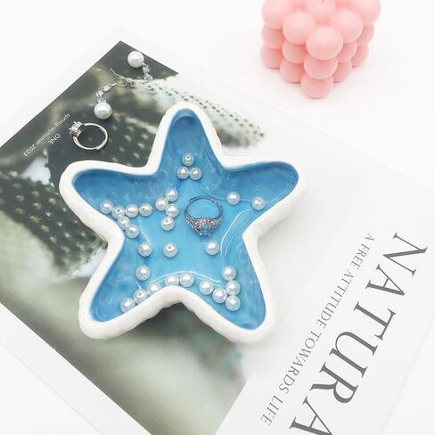 Starfish Jewelry Dish, Small Beach Ceramic Jewelry Tray, Ocean Seashell Jewelry Holder Dish Trinket Tray, Coastal Shell Ring Dish, Nightstand Decor Jewelry Plate Tray, Jewelry Bowl (Blue) in Saudi Arabia