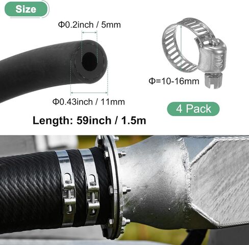 Fuel Line Hose, 5mm ID 11mm OD 4.9ft Length, NBR Rubber High Pressure Heat Resistant Gas Line Hose Oil Hose W 4pcs Clamps for Automotive Fuel Systems/Steam Emission/Engines in Kuwait