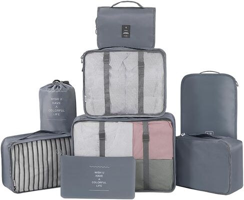 Belsmi 8 Set Packing Cubes with Shoe Bag - Compression Travel Luggage Organizer in Kuwait