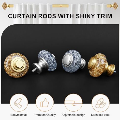 Gold Curtain Rods for Windows 48 to 84 Inch, Decorative Vintage Crystal 1'' Diameter Curtain Rod with Gold Foil Finials, Adjustable Heavy Duty Easy Install Drapery Pole Set for Farmhouse, Bedroom in Saudi Arabia