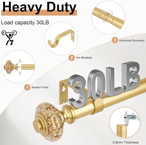 Gold Curtain Rods for Windows 48 to 84 Inch, Decorative Vintage Crystal 1'' Diameter Curtain Rod with Gold Foil Finials, Adjustable Heavy Duty Easy Install Drapery Pole Set for Farmhouse, Bedroom in Saudi Arabia