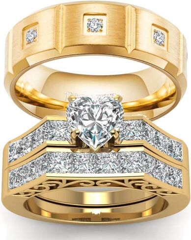 WRS WEDDING RING SET TWO RINGS His Hers Couples Rings Women's 10k Yellow Gold Filled White CZ Wedding Engagement Ring Bridal Sets & Men's Tungsten Carbide White Cz Wedding Band in Saudi Arabia