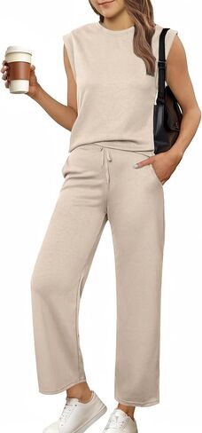 Glamaker Women's 2 Piece Sets Summer Lounge Travel Outfits Sleeveless Wide Leg Airport Casual Trendy Sweatsuits in Kuwait