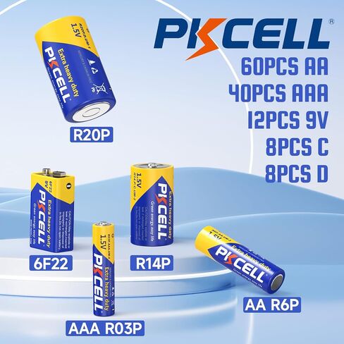 PKCELL 52 بطاريات قلوية، 16 بطاريات AA، 24 بطاريات AAA، 4 بطاريات C، 4 بطاريات D، 4 بطاريات 9 فولت للإلكترونيات المنزلية in Kuwait