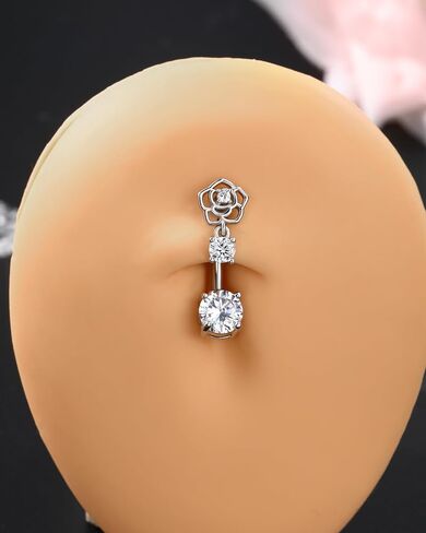 Minimalist Rose Flower Belly Button Rings Dangle 14G Belly Navel Rings for Women Stainless Steel Belly Navel Piercing Jewelry in Saudi Arabia
