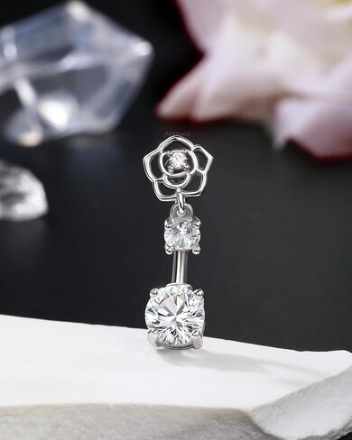 Minimalist Rose Flower Belly Button Rings Dangle 14G Belly Navel Rings for Women Stainless Steel Belly Navel Piercing Jewelry in Saudi Arabia