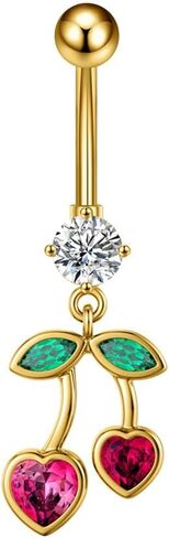 Cute CZ Cherry Dangle Belly Button Rings for Women 14G Stainless Steel Fruit Belly Navel Rings Internally Threaded Belly Barbell Dangling Belly Piercing Jewelry in Saudi Arabia