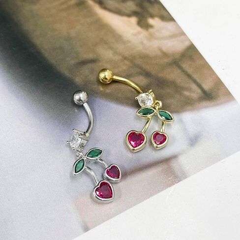 خواتم زر البطن اللطيفة CZ Cherry للنساء 14G فواكه الفولاذ المقاوم للصدأ حلقات بطن السرة in Saudi Arabia