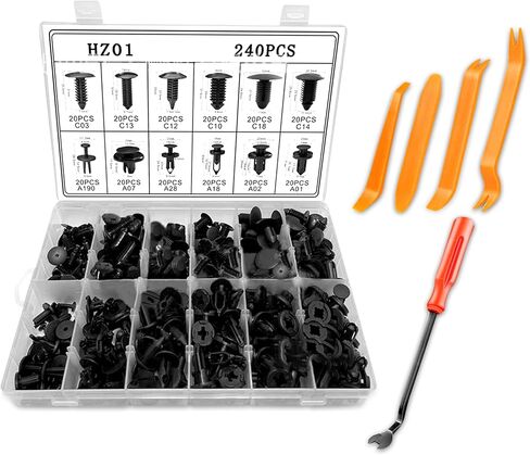 240 PCS مقاطع المصد والمسامير البلاستيكية PUSH PUN PIN - تشمل 12 أحجامًا و 5 مزيل لقفل GM و FORD و TOYOTA و Honda و Chrysler و Mercedes و BMW و ACURA وغيرها الكثير in Kuwait