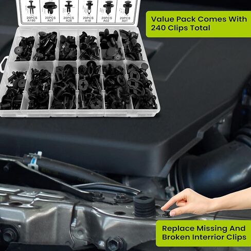 240 PCS مقاطع المصد والمسامير البلاستيكية PUSH PUN PIN - تشمل 12 أحجامًا و 5 مزيل لقفل GM و FORD و TOYOTA و Honda و Chrysler و Mercedes و BMW و ACURA وغيرها الكثير in Kuwait