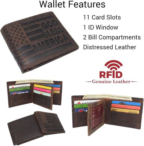 Distressed Vintage Leather Patriot American Flag Wallet -GOD BLESS AMERICA’ RFID Blocking Leather US Flag Men's Bifold Western Style Wallet (Brown) in Saudi Arabia