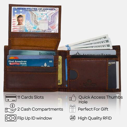 Men’s Brown Leather Wallet for men– RFID Blocking, Slim Genuine Bifold with 2 ID Windows, 15 Card Slots, Extra Capacity & Strong Stitching – Gift for Him in Saudi Arabia