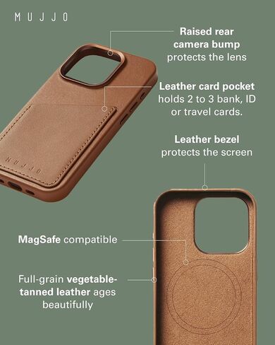 Mujjo Leather Wallet Phone Case - Fits iPhone 15 Pro - MagSafe Compatible - Premium European Leather Case with Card Pocket - Enhanced Phone & Camera Lens Protection - Crafted with Recycled Materials in Kuwait