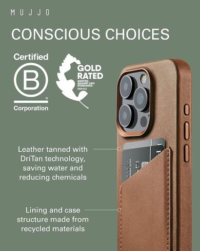 Mujjo Leather Wallet Phone Case - Fits iPhone 15 Pro - MagSafe Compatible - Premium European Leather Case with Card Pocket - Enhanced Phone & Camera Lens Protection - Crafted with Recycled Materials in Kuwait