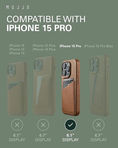 Mujjo Leather Wallet Phone Case - Fits iPhone 15 Pro - MagSafe Compatible - Premium European Leather Case with Card Pocket - Enhanced Phone & Camera Lens Protection - Crafted with Recycled Materials in Kuwait
