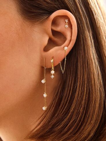 Moodear Dainty Pearl Drop Hoop Earrings for Women - Hypoallergenic 14K Gold Plated Small Dangle Chain Hoops Trendy Earring Sets for Multiple Piercing Jewelry Gift in Saudi Arabia