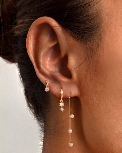 Moodear Dainty Pearl Drop Hoop Earrings for Women - Hypoallergenic 14K Gold Plated Small Dangle Chain Hoops Trendy Earring Sets for Multiple Piercing Jewelry Gift in Saudi Arabia