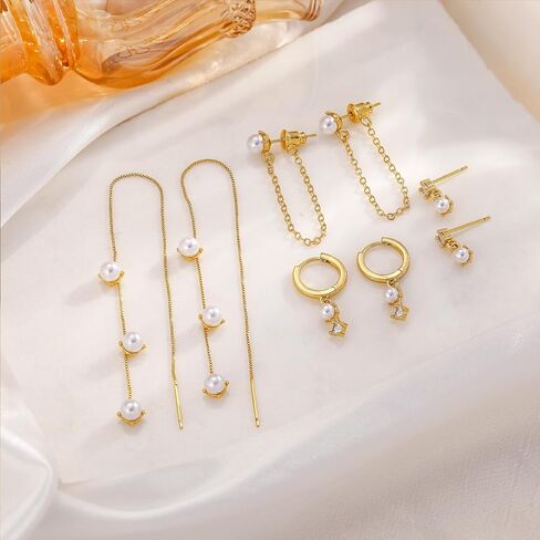 Moodear Dainty Pearl Drop Hoop Earrings for Women - Hypoallergenic 14K Gold Plated Small Dangle Chain Hoops Trendy Earring Sets for Multiple Piercing Jewelry Gift in Saudi Arabia