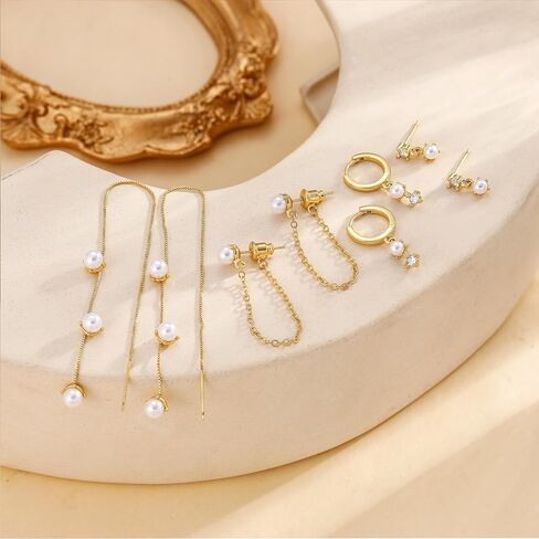 Moodear Dainty Pearl Drop Hoop Earrings for Women - Hypoallergenic 14K Gold Plated Small Dangle Chain Hoops Trendy Earring Sets for Multiple Piercing Jewelry Gift in Saudi Arabia