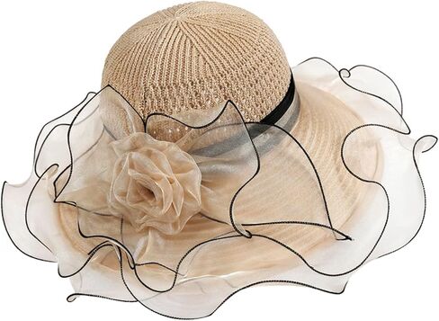 Women's Organza Fascinator Hat Bridal Wedding Flower Church Hat Cocktail Tea Party Wide Brim Summer Sun Cap in Saudi Arabia