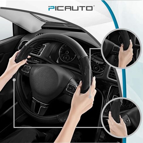 PIC AUTO Steering Wheel Cover, Silk Grain Leather Car Steering Wheel Protector, Comfortable Grip, Universal 14.5-15.5 Inch Anti-Slip Steering Wheels Accessories for Men & Women (Black) in Kuwait