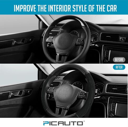 PIC AUTO Steering Wheel Cover, Silk Grain Leather Car Steering Wheel Protector, Comfortable Grip, Universal 14.5-15.5 Inch Anti-Slip Steering Wheels Accessories for Men & Women (Black) in Kuwait