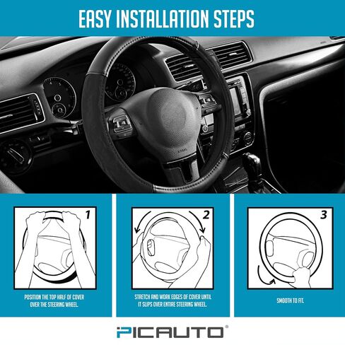 PIC AUTO Steering Wheel Cover, Silk Grain Leather Car Steering Wheel Protector, Comfortable Grip, Universal 14.5-15.5 Inch Anti-Slip Steering Wheels Accessories for Men & Women (Black) in Kuwait