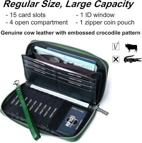 Womens Wallets Large Capacity RFID Blocking Genuine Leather Wallet for Women Zip Clutch Card Holder with Wristlet in Saudi Arabia