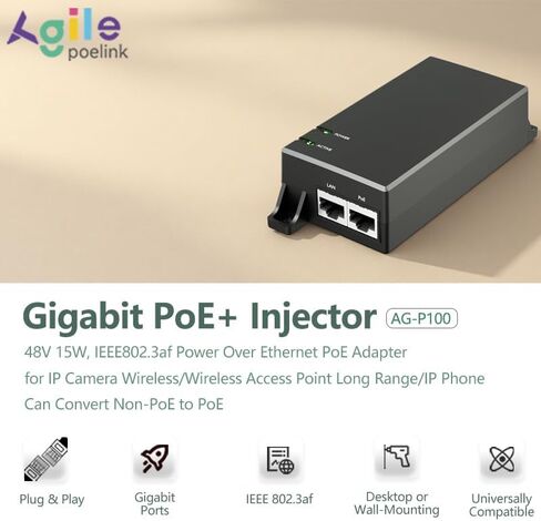 حاقن Gigabit PoE+ بقدرة 30 وات متوافق مع IEEE802.3at/af، يوفر الطاقة عبر شبكة إيثرنت PoE(15.4W) أو PoE+(30W) لمسافات تصل إلى 328 قدمًا، محول حاقن PoE للكاميرا/نقطة الوصول/هواتف IP، AG-P200 in Kuwait
