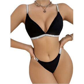 WDIRARA Women's 2 Piece Sparkle Lingerie Set V Neck Bra and Low Rise Thong Underwear Sets
