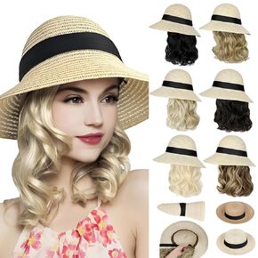 Sun Hat, Straw Hat Wig Detachable Adjustable Cap with 12 Inch Synthetic Wavy Hair Extensions Foldable for Women Summer Beach Outdoors Ash Blonde Mix Bleach Blonde