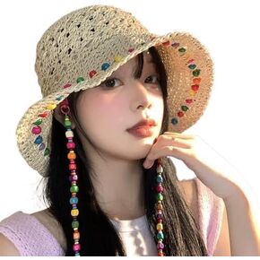 Straw Bucket Hats for Women - Crochet Wide Brim Summer Beach Sun Hat with Colorful Wooden Beads, Boho UV Protection