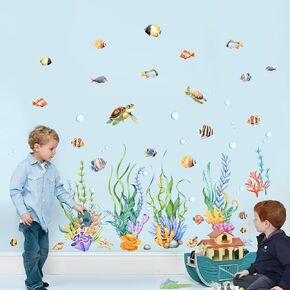 Supzone Under The Sea Wall Decals, Seaweed Grass Ocean Fish Sea Turtle Underwater Wall Stickers Peel and Stick Wall Art Decals Decor for Baby Boys Kids Nursery Bedroom Bathroom Classroom Playroom Hall
