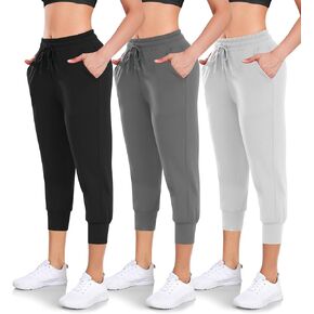 Women's 3 Pack Capri Sweatpants with Pockets - High-Waist Yoga Joggers Athletic Running Leggings for Workout, Gym, Lounge