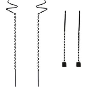 2 Pairs Minimalist Black Tassel Threader Dangle Earrings for Women - Punk Ear Climber Crawler Wrap Long Chain Ear Line Earrings (2 Pairs Black Chain)