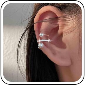 Vintage Crystal Pearl Ear Cuff Earrings Silver Open Hoop Cuff Earrings Rhinestone Cuff Wrap Earrings Cz Pearl Clip on Cartilage Earrings No Piercing Earrings Jewelry for Women