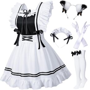 Classic French Maid Costume Apron Fancy Dress Cosplay Outfit Headwear Gloves Socks Set
