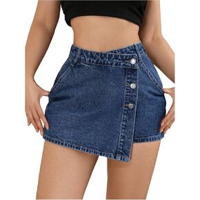 WDIRARA Women's Petite Button Front Wrap Asymmetrical Denim Skorts High Waisted Skirt Shorts