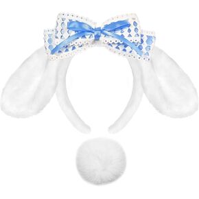Furry Ears Headband and Tail Set, Plush Bunny Ears Headband and Tail Costume, Lolita HairBand with Bow Tie and White Long Rabbit Ears Halloween Cosplay Costume Accessories