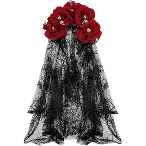 Gothic Halloween Rose Flower Headwear Day of The Dead Rose Lace Veil Headpiece Floral Skull Decor Headdress Cosplay Role-playing Costume Accessories for Adult Women Red