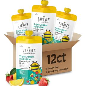 مشروب Zarbee Triple Action Action Electrolete for Kids ، يحل محل الشوارد ويساعد على الجفاف المعتدل إلى المعتدل ، 6 CT عصير الليمون الفراولة و 6 CT حزمة الليمون الليمون ، 12 × 5 FL. أوز