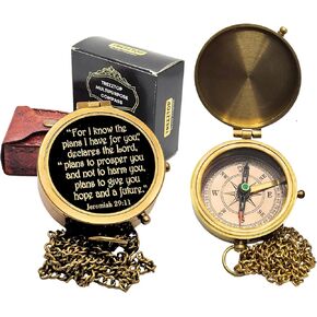 Antique Vintage Directional Magnetic Compass | Engraved Nautical Brass Compass | Birthday, Christmas, Graduation Day Gift | Religious, Catholic, Baptism Gift | First Communion, Confirmation Gifts