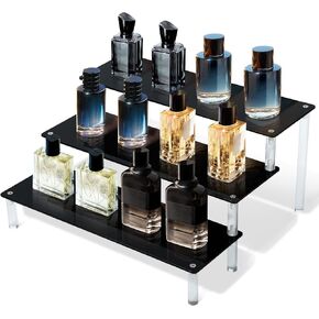 3-Tier Acrylic Display Riser, Black Perfume Organizer Stand, Multifunctional Makeup, Skincare & Display Shelf, Acrylic Organizer for Bathroom & Vanity, 12" x 4" Per Layer