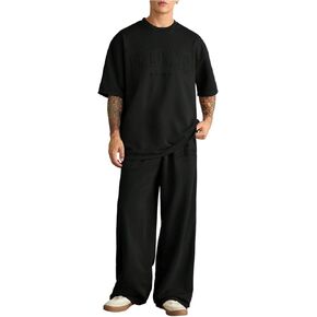 Men's 2 Piece Outfits Letter Print Half Sleeve T Shirt and Drawstring Waist Pants Clothings Set